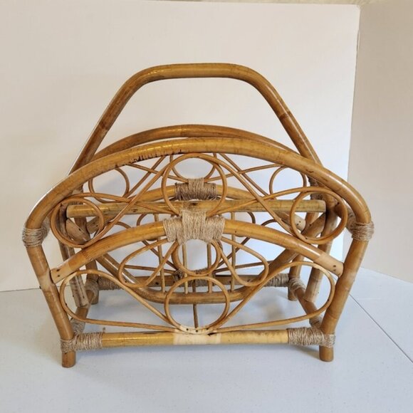 Vintage Bamboo Book Storage Basket Magazine Rack 1970s 70s Boho Home Decor Hippy - Picture 2 of 9